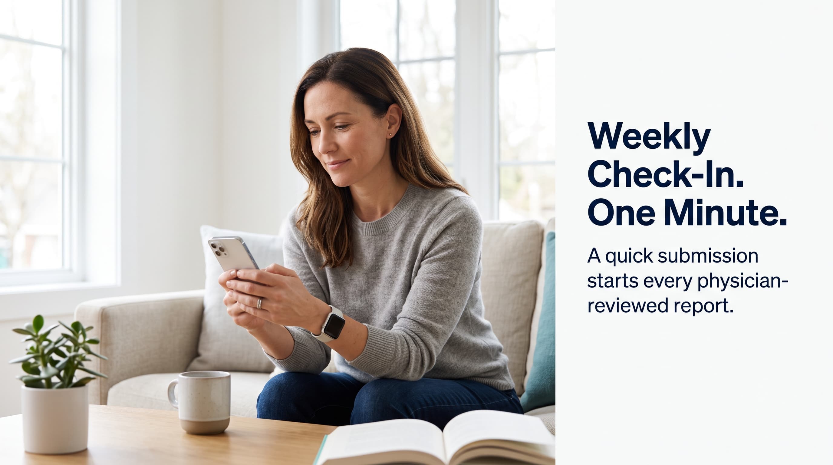A subscriber completing her weekly wearable check-in from home