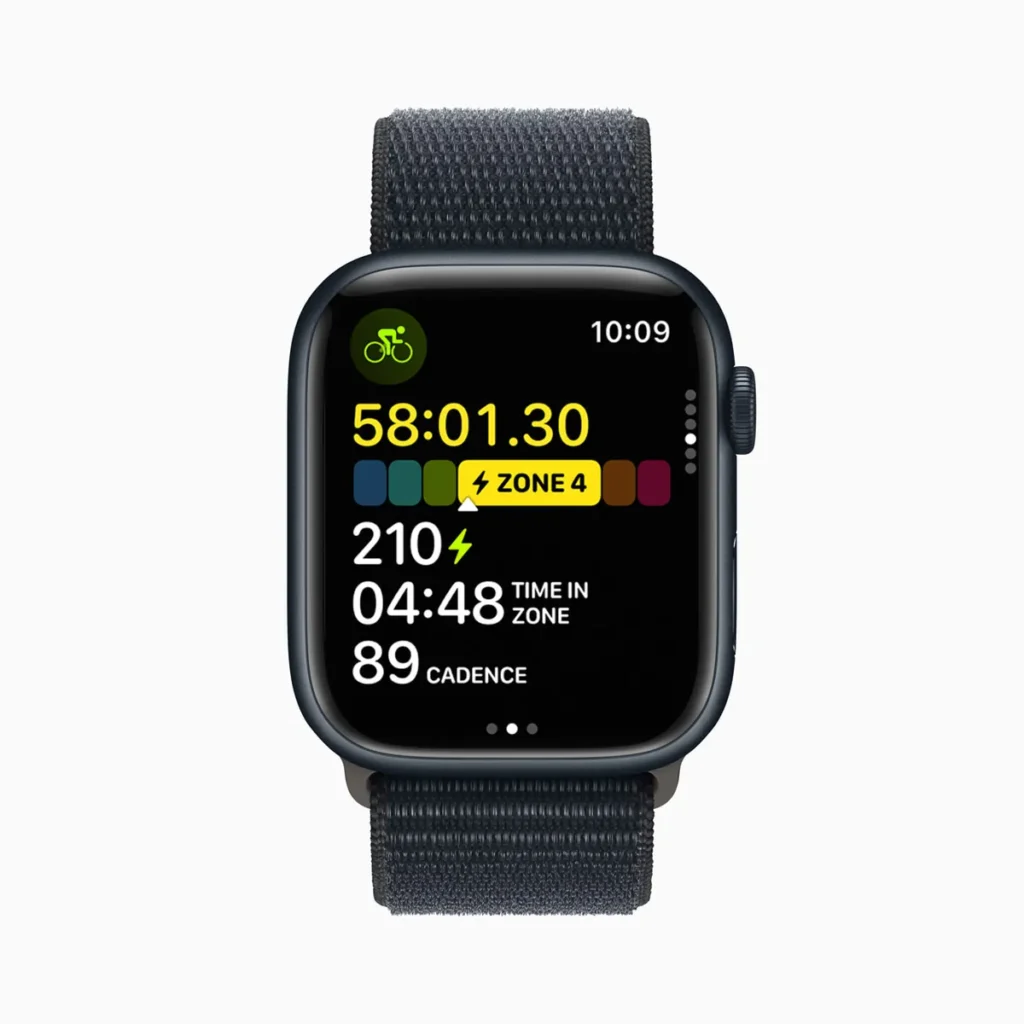 Apple Watch Series 9 workout screen showing time, heart rate, cadence, and Power Zone 4.