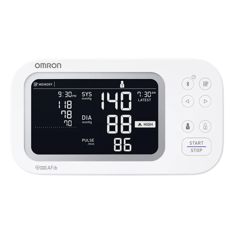 Omron Platinum BP5465 blood pressure monitor front view showing systolic, diastolic, and pulse readings.