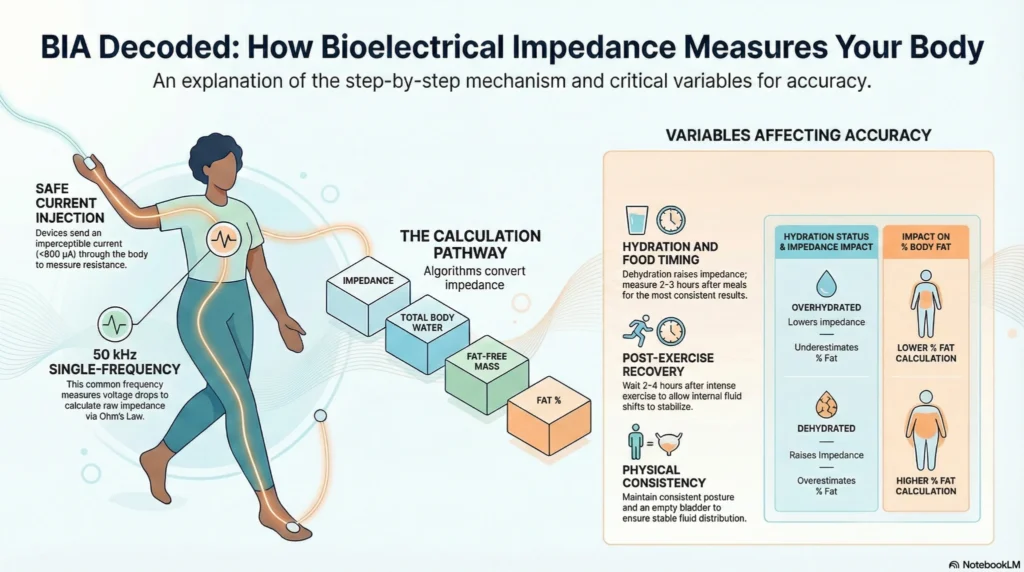 Infographic explaining bioelectrical impedance analysis measuring body fat via impedance, hydration effects, total body water calculation, and accuracy variables.