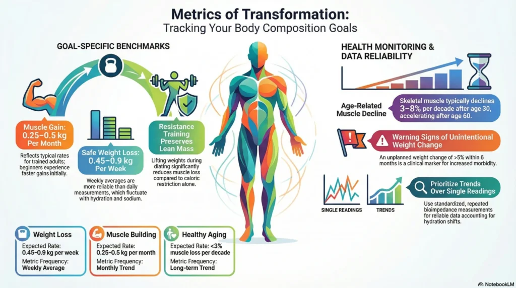 Infographic showing body composition goals including safe weight loss 0.45–0.9 kg weekly, muscle gain 0.25–0.5 kg monthly, and age-related muscle decline trends.