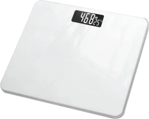 White digital bathroom smart scales with LCD display showing body weight measurement on glass platform.