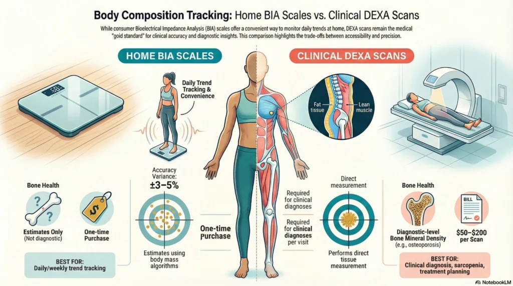 Infographic comparing home BIA body fat scales and clinical DEXA scans, showing ±3–5% variance for BIA and direct tissue measurement with DEXA.