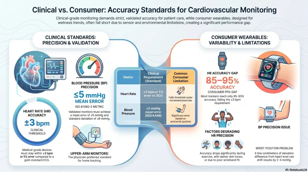 Four-quadrant comparison grid rating chest straps, smartwatches, and arm cuffs on movement accuracy, comfort, and battery life.