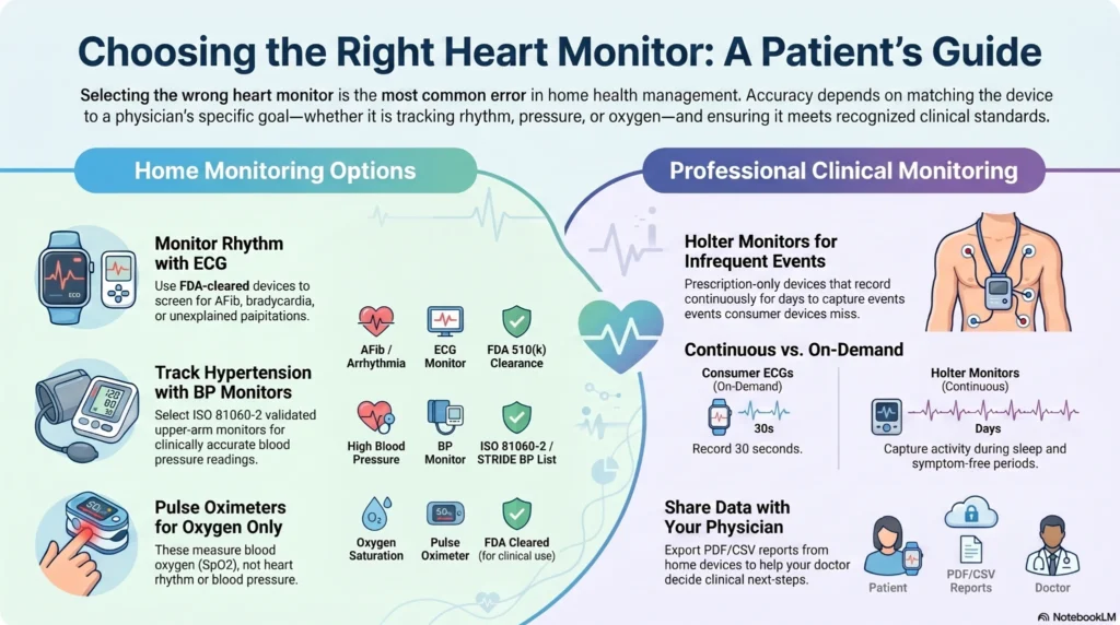 Decision tree flow chart matching heart monitoring goals like AFib screening and HIIT to optimal wearable device form factors.