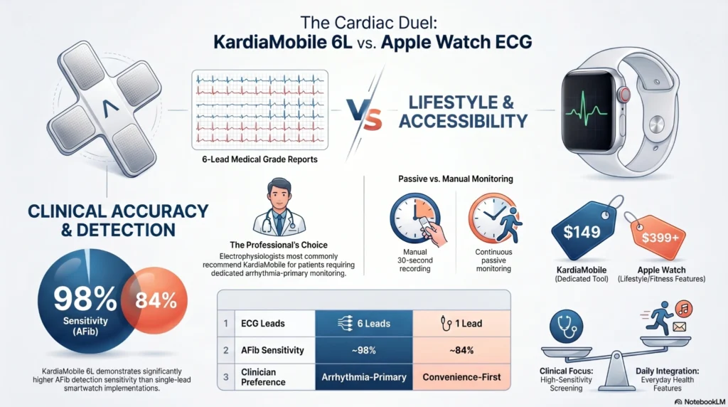 Anatomical vector comparison matrix displaying Apple Watch single-lead ECG pathways vs KardiaMobile 6L six-lead vector fields across the limbs and chest for medical atrial fibrillation detection.