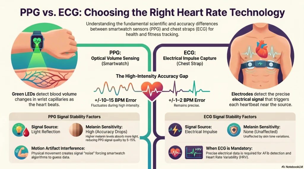 Diagram comparing ECG chest strap electrical tracking across the chest vs smartwatch PPG light sensors measuring blood volume changes in the wrist.