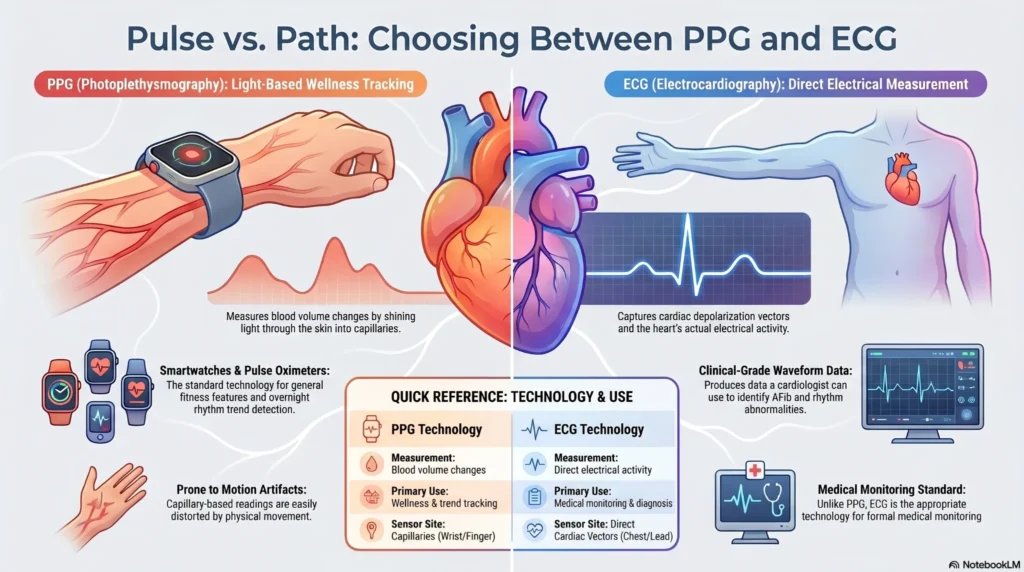 Medical diagram comparing PPG optical light reflection in blood vessels with ECG skin-surface electrical microvolt heart tracking.