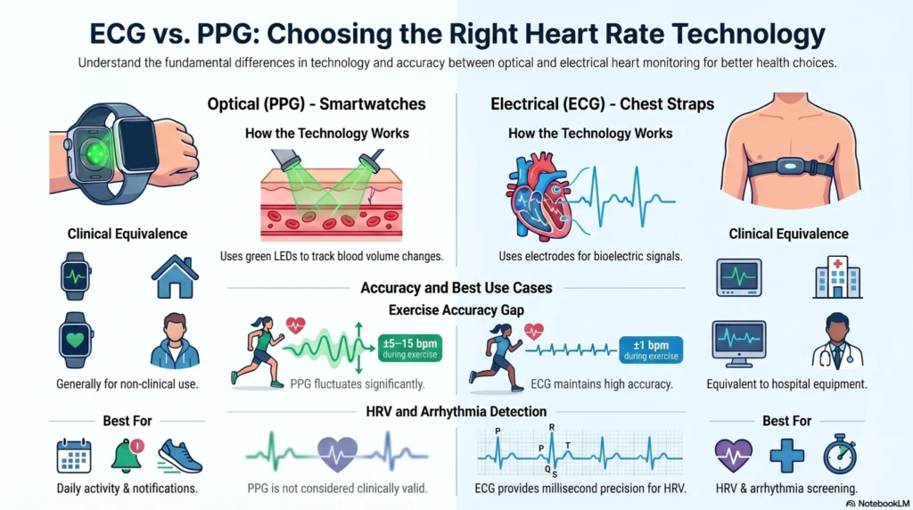 Conceptual diagram comparing ECG heart node electrical microvoltage tracking via chest strap vs smartwatch PPG optical sensor green LED light absorption in skin capillaries.