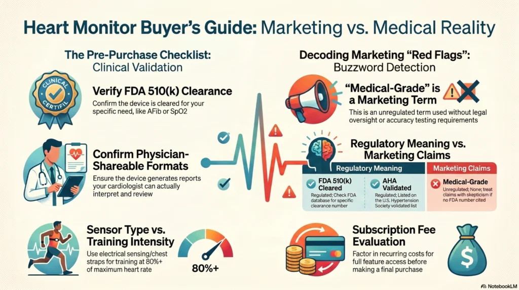 Flowchart decision tree detailing a buying checklist for choosing between a clinical ECG monitor or an athletic heart rate wearable based on FDA clearance, R-R intervals, and connectivity.