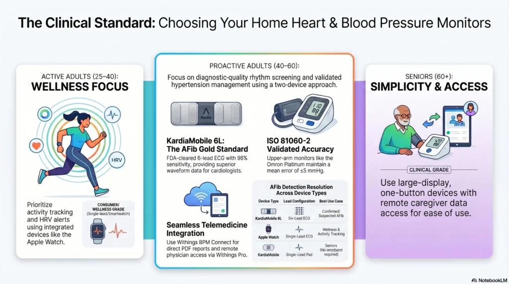 Demographic health roadmap outlining key heart telemetry metrics across life stages from active young adults to seniors.