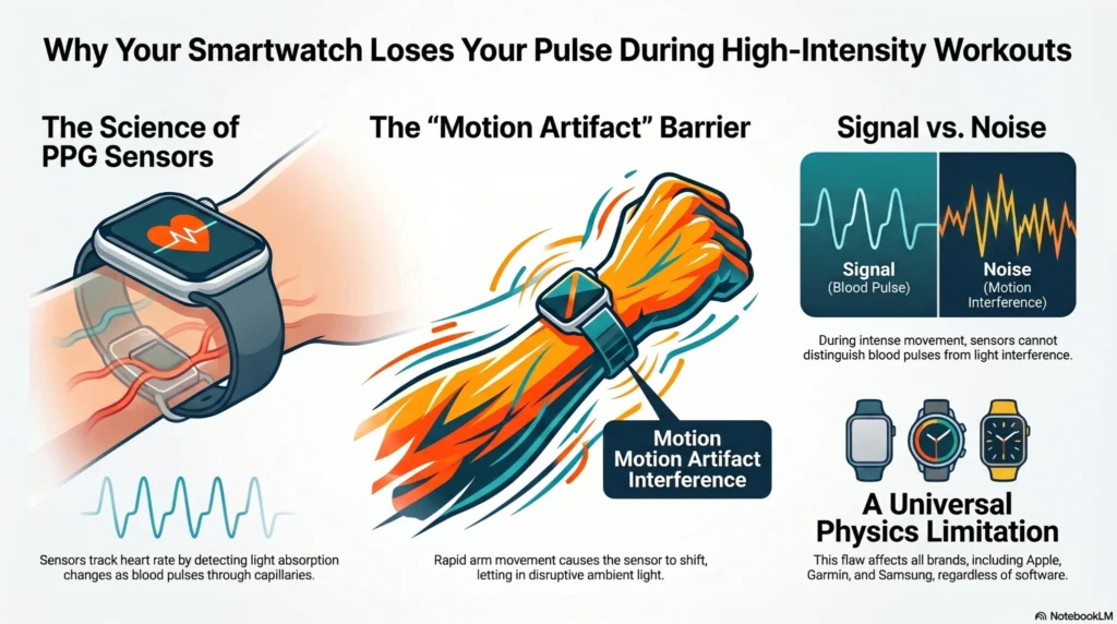 Line graph comparing real-time heart rate tracking latency between an electrical chest strap and an optical wrist smartwatch during a 10-minute high-intensity interval training (HIIT) session.