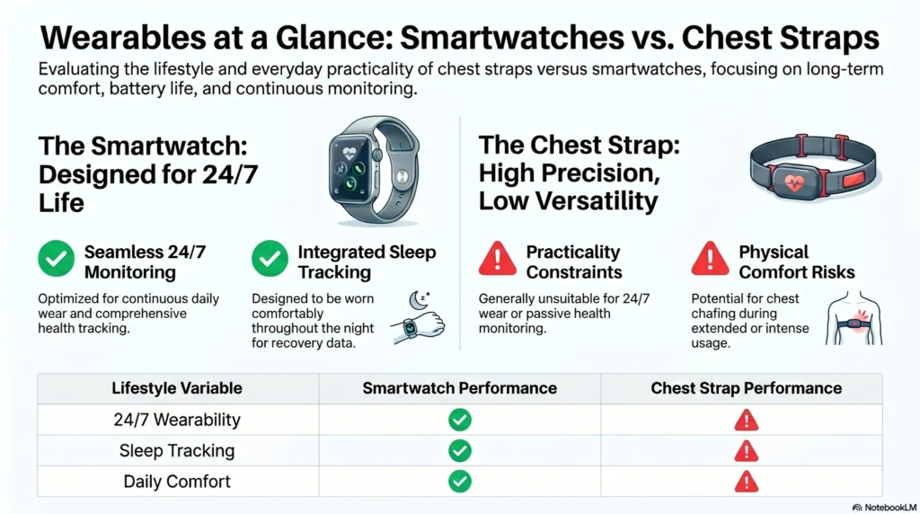 Feature comparison matrix grid checking off daily usability, battery life, sleep tracking, and comfort metrics for chest straps versus smartwatches.