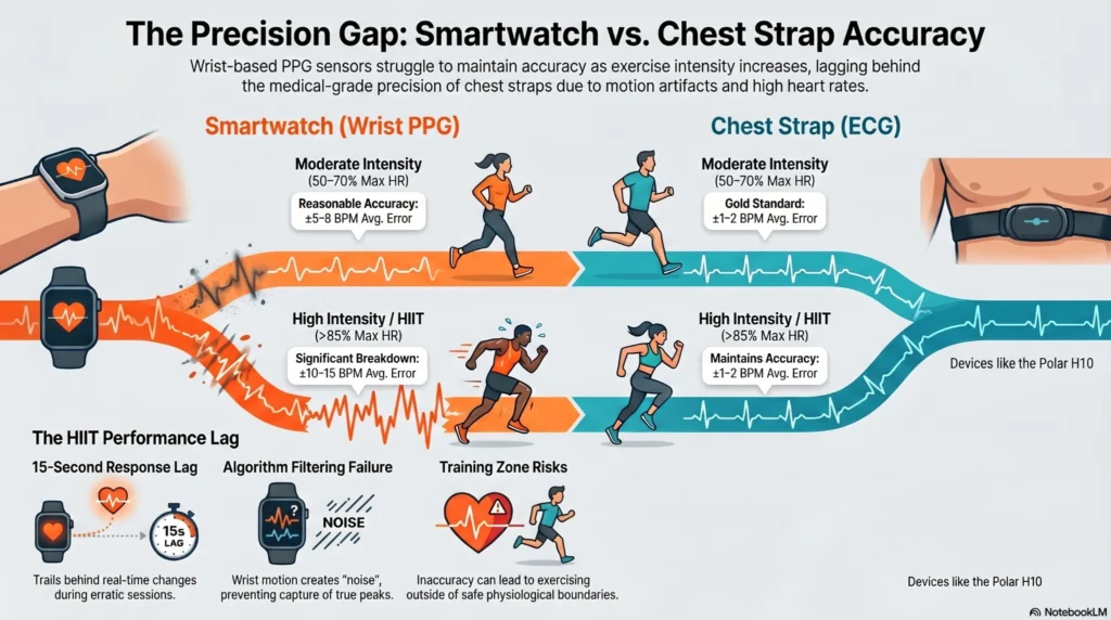 Line graph comparing heart rate tracking accuracy between a chest strap and a smartwatch during a high-intensity interval training workout.