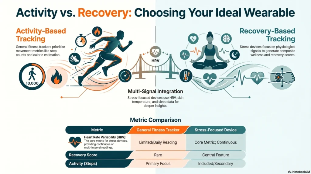 Infographic comparing activity-based fitness trackers and recovery-focused wearable devices using HRV, recovery scores, sleep tracking, and wellness metrics.