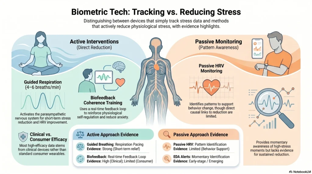 Infographic comparing biometric stress tracking devices with active stress reduction technologies including HRV monitoring, guided breathing, and biofeedback interventions.