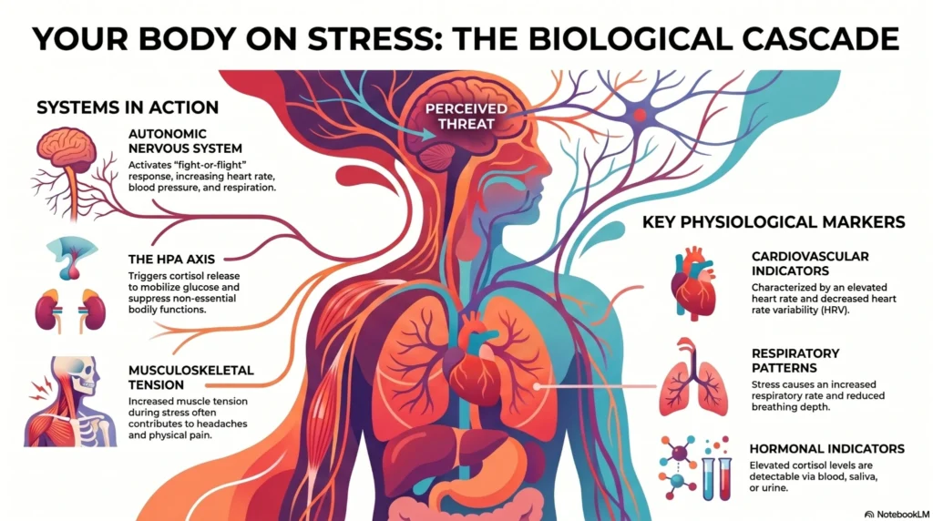 Infographic explaining the biological effects of stress on the autonomic nervous system, HPA axis, cardiovascular system, respiration, hormones, and musculoskeletal tension.