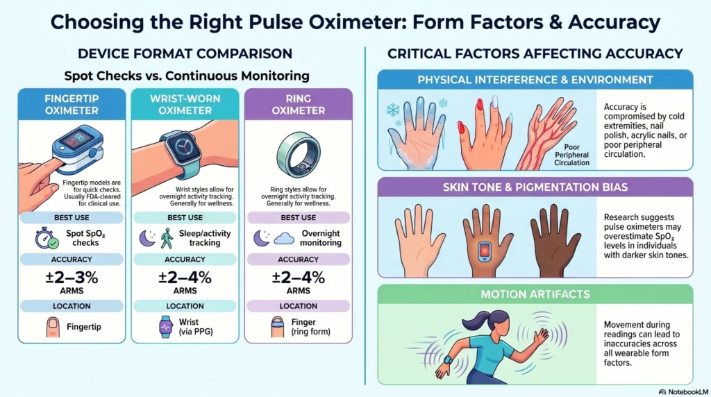 Infographic comparing fingertip, wrist-worn, and ring pulse oximeters with explanations of SpO2 accuracy, skin tone bias, motion artifacts, and environmental interference.