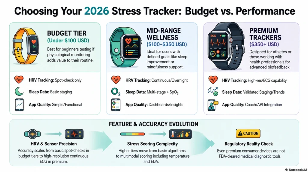 Infographic comparing 2026 stress tracker wearables across budget, mid-range, and premium tiers using HRV tracking, sleep monitoring, app quality, and ECG features.