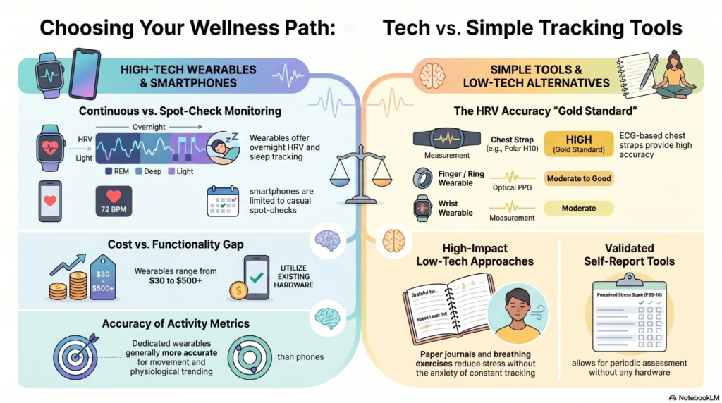 Infographic comparing wearable wellness technology with low-tech stress tracking alternatives including HRV wearables, chest straps, breathing exercises, journals, and self-report tools.