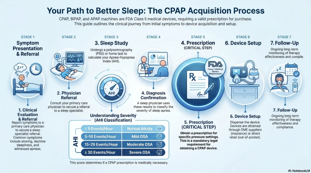 cpap-machine-acquisition-process-guide Infographic showing the CPAP machine acquisition process from sleep apnea symptoms and sleep study diagnosis to prescription approval, CPAP setup, and follow-up therapy monitoring.