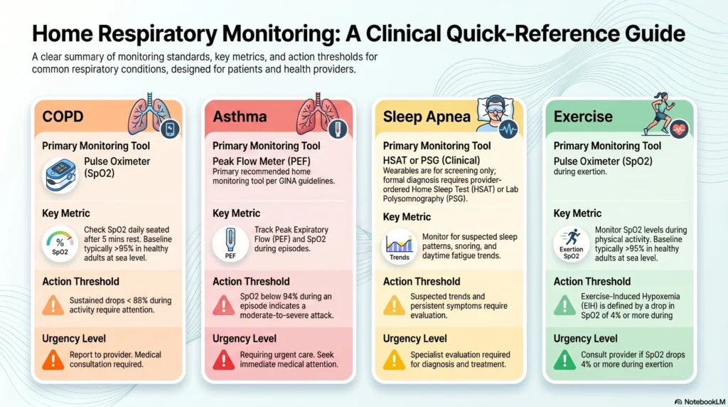 home-respiratory-monitoring-clinical-reference-guide Infographic explaining home respiratory monitoring standards for COPD, asthma, sleep apnea, and exercise using pulse oximeters, peak flow meters, and sleep studies.