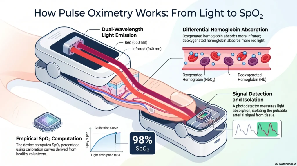 how-pulse-oximetry-works-spo2-guide Infographic showing how pulse oximetry works using red and infrared light absorption to measure blood oxygen saturation and calculate SpO2 levels.