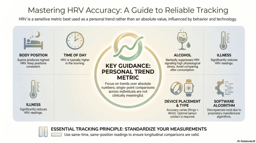 Infographic explaining factors that affect HRV accuracy including sleep position, alcohol, illness, device placement, time of day, and wearable software algorithms.
