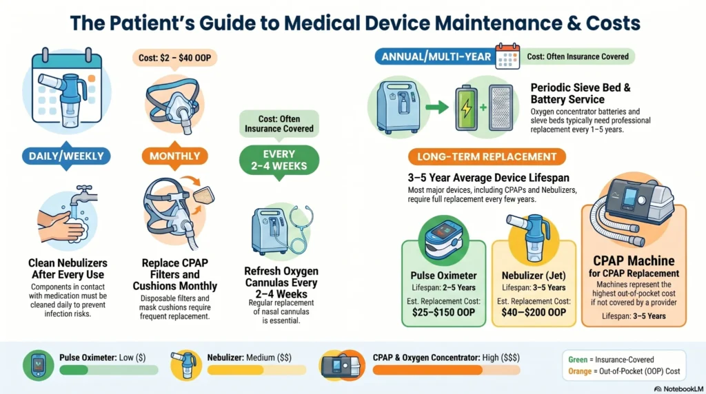 medical-device-maintenance-cost-guide Infographic explaining maintenance schedules, cleaning routines, replacement intervals, and ownership costs for CPAP machines, nebulizers, oxygen concentrators, and pulse oximeters.