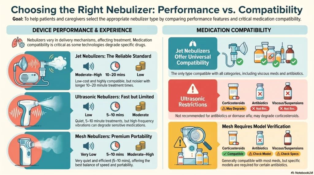nebulizer-performance-and-compatibility-guide Infographic comparing jet nebulizers, ultrasonic nebulizers, and mesh nebulizers for respiratory therapy performance, medication compatibility, treatment duration, and portability.
