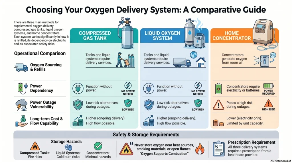 Infographic comparing compressed gas tanks, liquid oxygen systems, and home oxygen concentrators for supplemental oxygen therapy, including safety, power dependency, and operational differences.