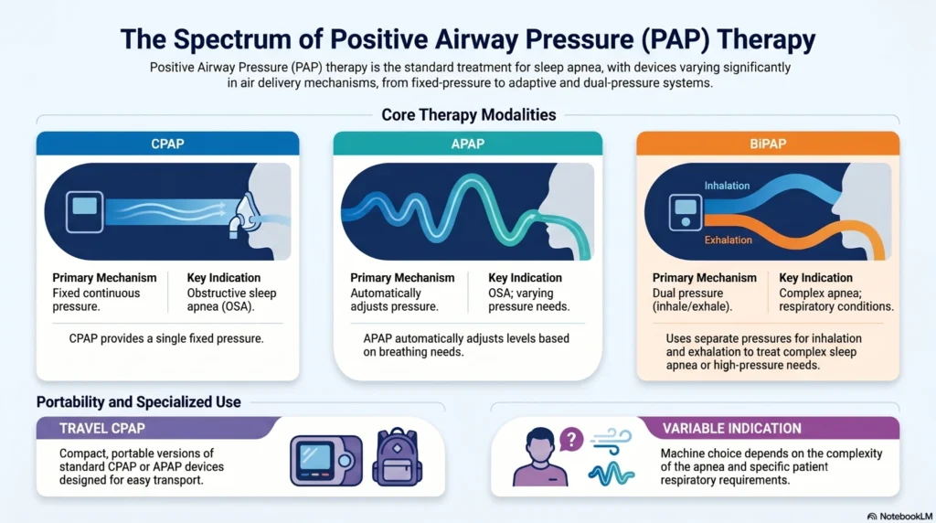 Infographic comparing CPAP, APAP, and BiPAP therapy devices for sleep apnea treatment, including pressure delivery methods, portability, and respiratory indications.
