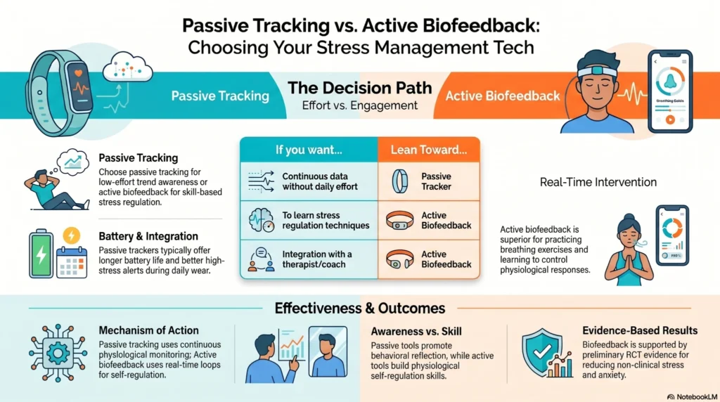 Infographic comparing passive stress tracking wearables and active biofeedback technology for HRV monitoring, stress regulation, breathing exercises, and wellness management.
