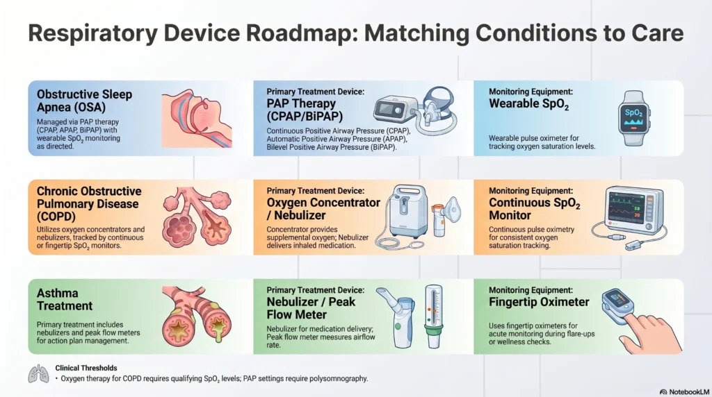 Infographic comparing respiratory treatment devices for obstructive sleep apnea, COPD, and asthma including CPAP, BiPAP, oxygen concentrators, nebulizers, and pulse oximeters.
