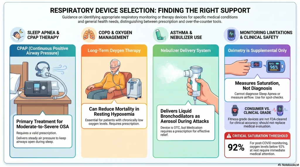 respiratory-device-selection-guide Healthcare infographic showing respiratory device selection for CPAP therapy, oxygen concentrators, nebulizers, and pulse oximeters used in sleep apnea, COPD, asthma, and oxygen monitoring.