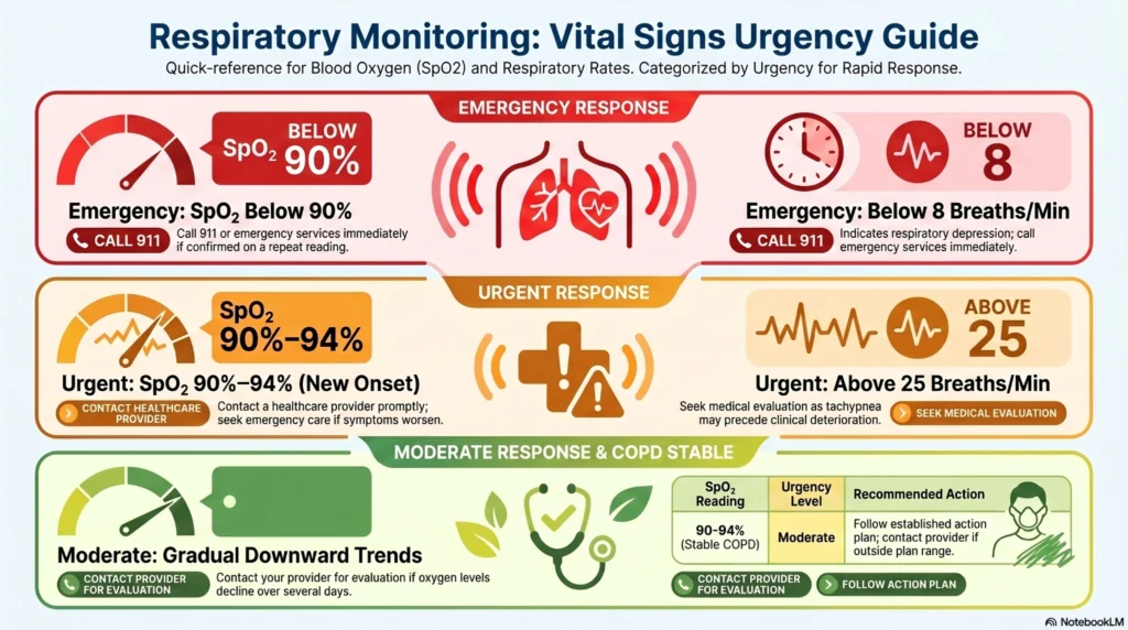 respiratory-monitoring-urgency-guide Infographic showing respiratory monitoring urgency levels for SpO2 oxygen saturation, respiratory rate thresholds, COPD oxygen monitoring, and emergency breathing warnings.