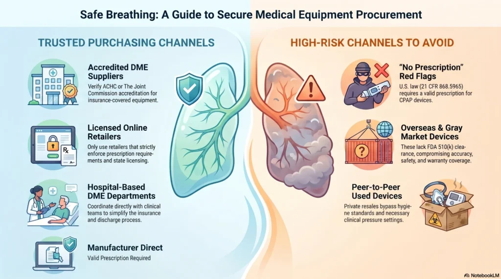 secure-medical-equipment-procurement-guide Infographic showing trusted and high-risk purchasing channels for CPAP machines, respiratory devices, oxygen equipment, and medical breathing support systems.