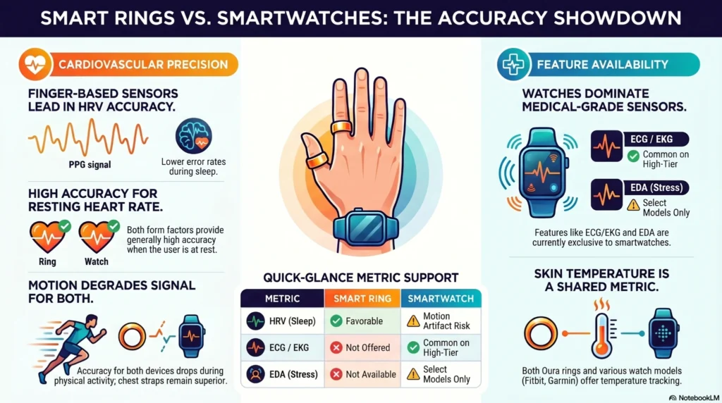 Infographic comparing smart rings and smartwatches for HRV accuracy, ECG features, stress tracking, skin temperature monitoring, and wearable health sensor precision.