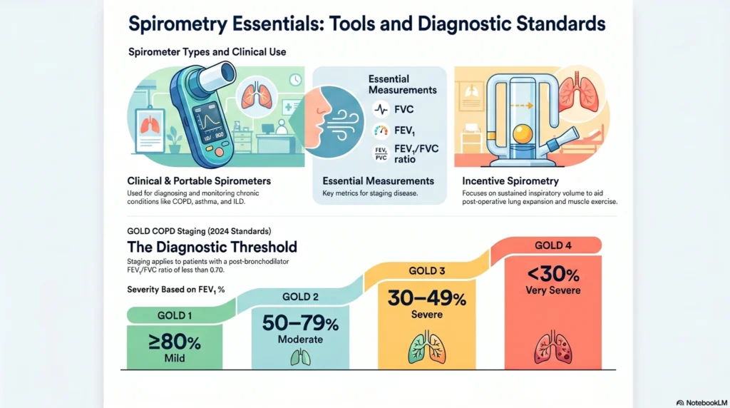 Infographic explaining spirometry tools, FEV1 and FVC measurements, incentive spirometry, and GOLD COPD staging standards for respiratory disease diagnosis.