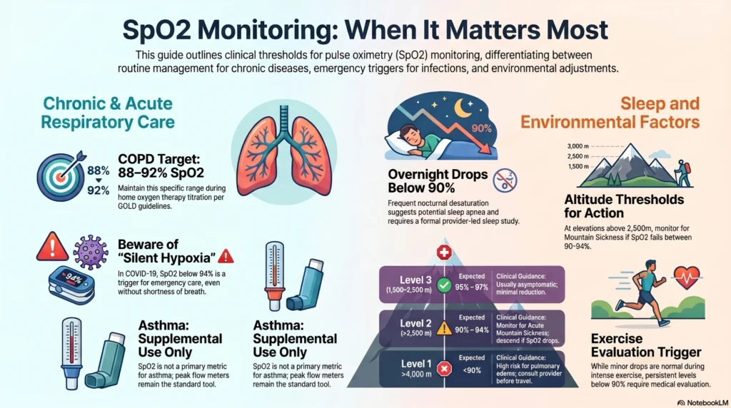 spo2-monitoring-when-it-matters-most Infographic explaining SpO2 monitoring thresholds for COPD oxygen therapy, sleep apnea, altitude sickness, asthma, exercise evaluation, and emergency oxygen saturation levels.