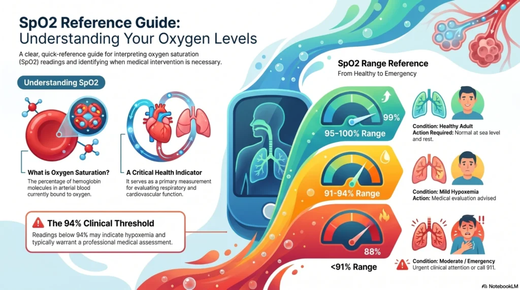 spo2-oxygen-level-reference-guide Infographic explaining SpO2 oxygen saturation ranges, healthy blood oxygen levels, hypoxemia thresholds, pulse oximeter readings, and emergency oxygen warning signs.