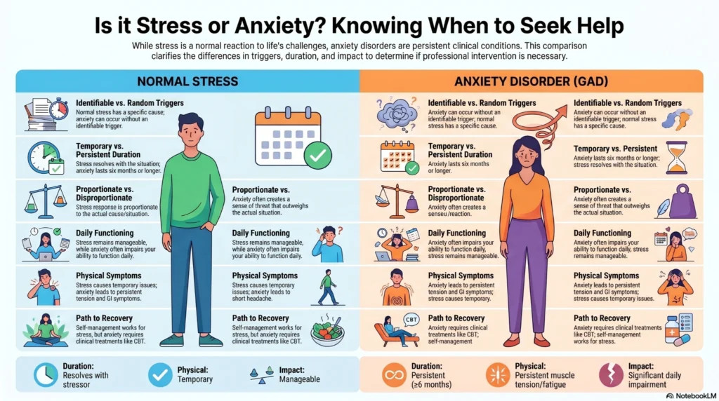 Infographic comparing normal stress and generalized anxiety disorder including triggers, duration, daily functioning, physical symptoms, recovery paths, and clinical warning signs.