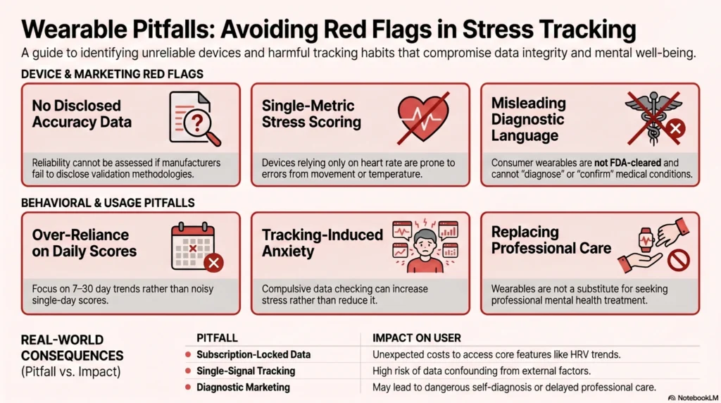 Infographic explaining wearable stress tracking pitfalls including misleading diagnostic claims, single-metric stress scoring, tracking anxiety, subscription-locked data, and unreliable HRV monitoring.