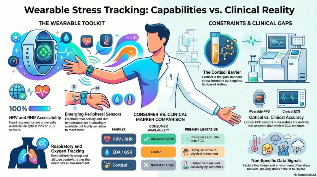 Infographic comparing wearable stress tracking technology with clinical stress monitoring limitations including HRV, ECG, cortisol testing, EDA sensors, and physiological accuracy gaps.
