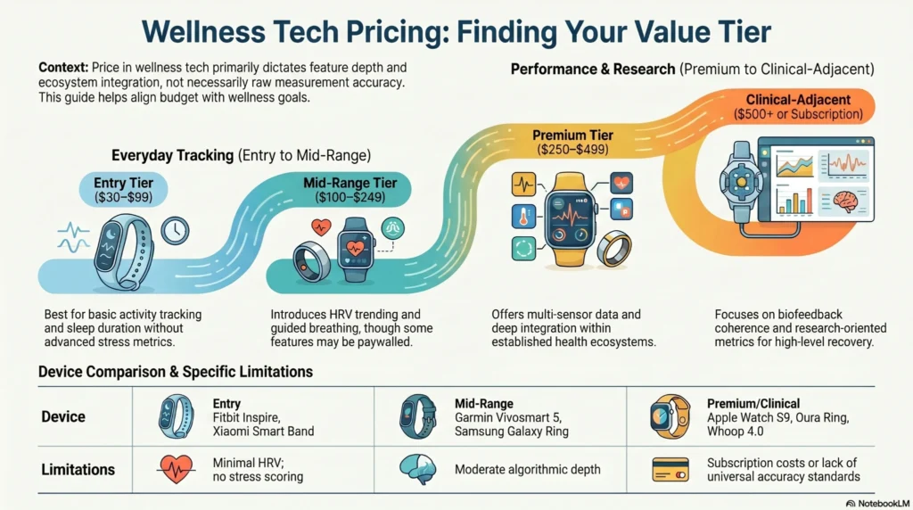 Infographic explaining wellness tech pricing tiers for fitness trackers, smartwatches, smart rings, HRV devices, and recovery wearables from entry-level to clinical-grade systems.