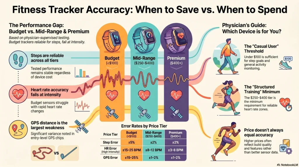 Scale gauge chart illustrating the 20% to 40% calorie burn error margin in fitness trackers with an absolute checklist of metabolic factors missing from wearable algorithms.