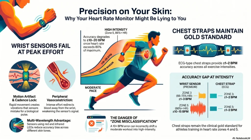 2026 fitness tracker heart rate accuracy comparison chart showing MAPE deviation percentages for Apple Watch, Garmin, Whoop, and Fitbit across HIIT, running, and weightlifting.
