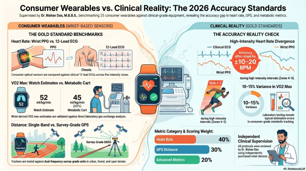 Diagram comparing wrist-based photoplethysmography PPG sensors on consumer fitness trackers against clinical 12-lead ECG and PSG medical gold standards for accuracy validation testing.