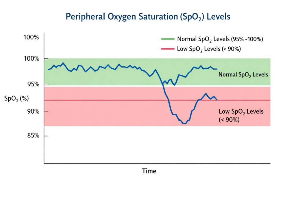 Normal vs Low SpO₂ Levels Chart (95–100% vs <90%) Peripheral oxygen saturation (SpO₂) chart showing normal range 95–100% and low oxygen levels below 90% over time.