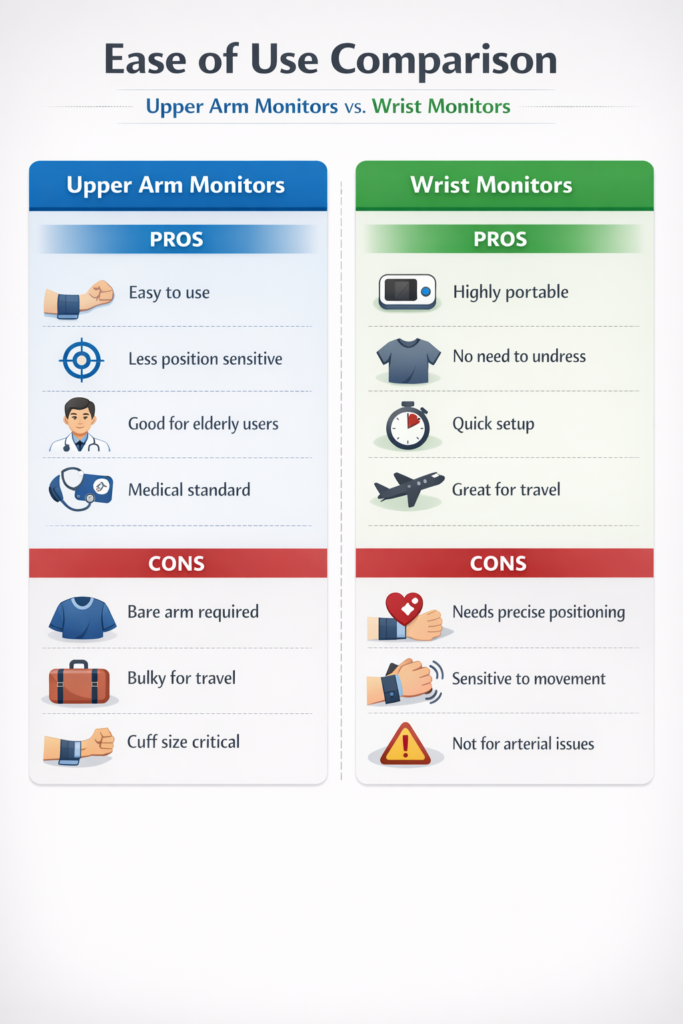 Infographic comparing upper arm vs wrist blood pressure monitors, showing ease of use pros and cons like positioning, portability, cuff fit, and travel convenience